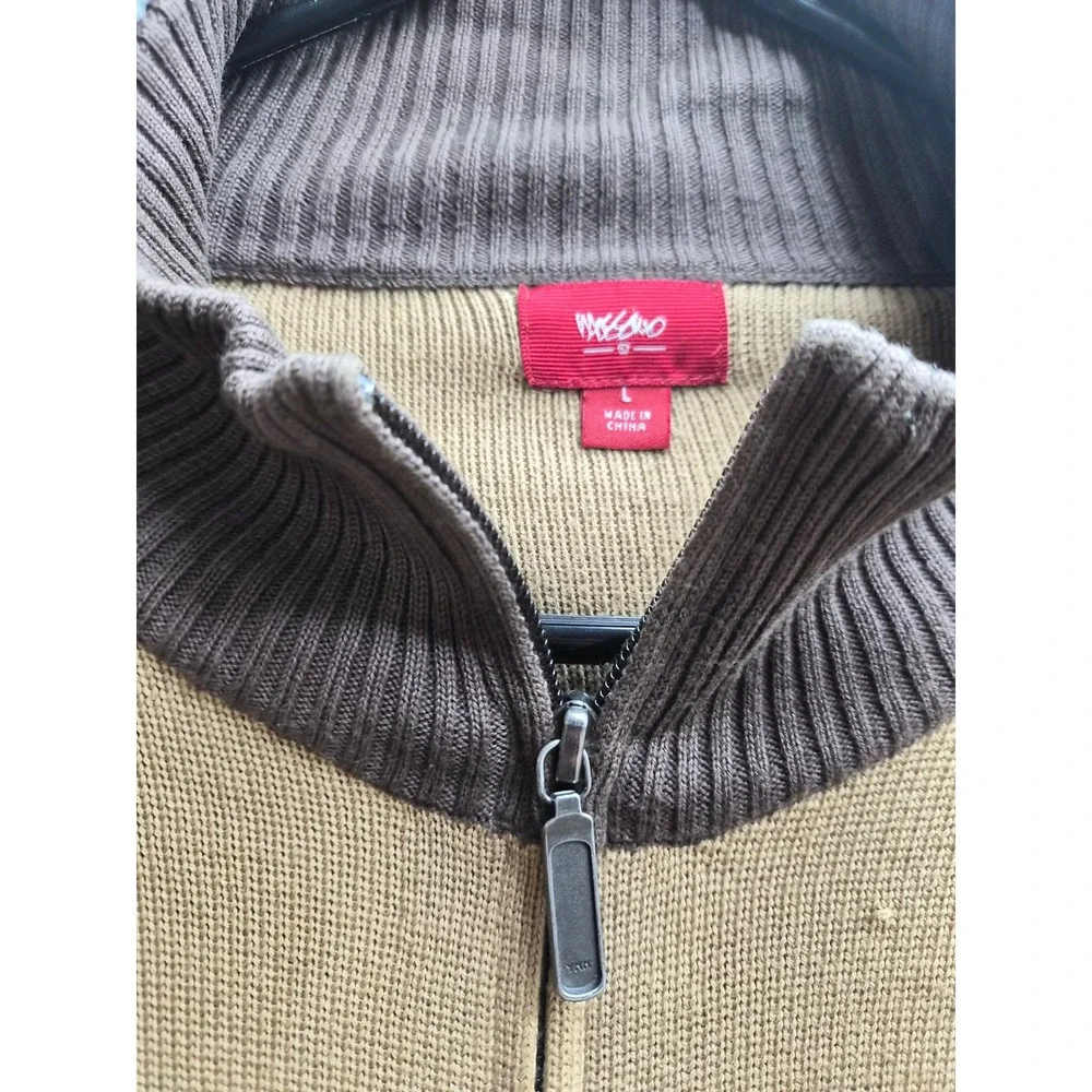 Mossimo Cardigan Sweater Mens Large Brown Tan Tight Knit Raglan Sleeve Full Zip